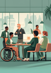 Illustration of diverse coworkers in a meeting room, discussing in front of a large screen displaying charts, with a cityscape view in the background.