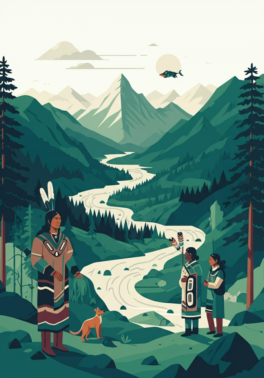 Illustration of a scenic mountain landscape with a river, three people in traditional clothing, a cat, trees, and a bird in the sky.