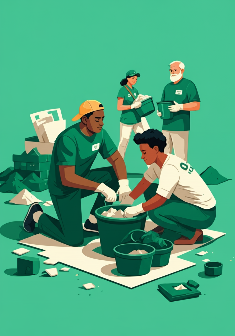 Four people wearing green and white uniforms are sorting recyclables. Two are kneeling, placing items into bins, while two stand, holding containers and sheets of paper, against a green backdrop.