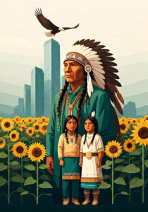 Illustration of a Native American man in traditional attire standing in a sunflower field, with two children in front and an eagle soaring above city skyscrapers in the background.