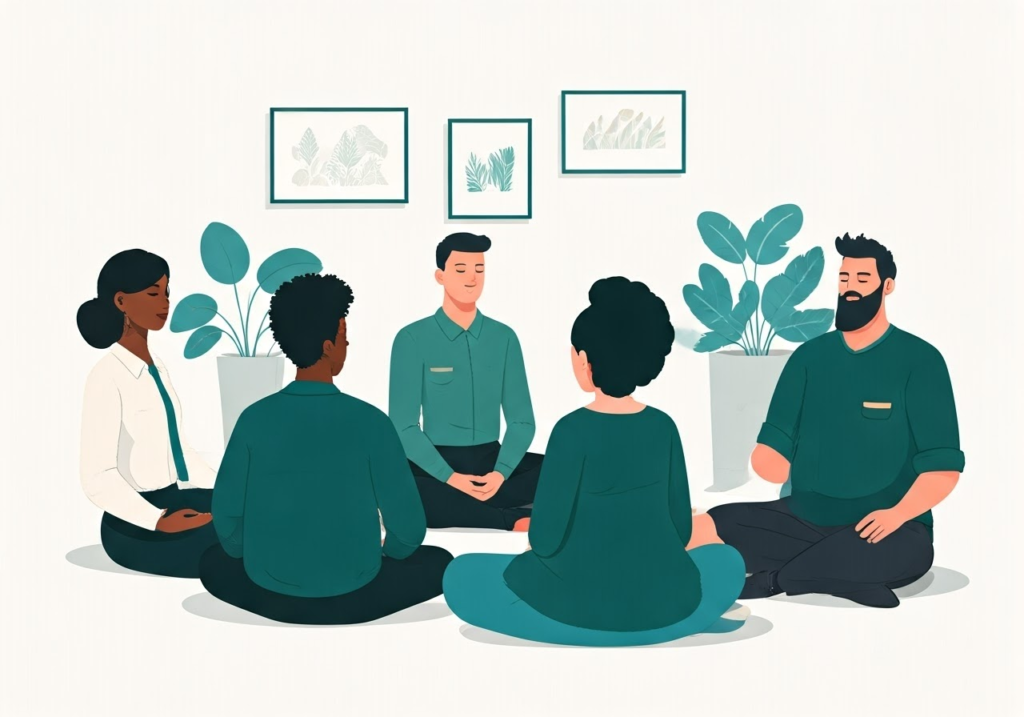 Illustration of a diverse group of people sitting cross-legged in a circle, meditating, with plants and framed leaf prints in the background.