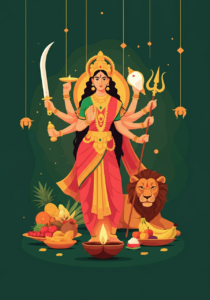 Illustration of a multi-armed goddess holding various objects, standing with a lion, surrounded by fruits and a lamp, on a green background with hanging ornaments.