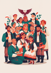 A group of people in traditional Eastern European attire, posing with smiles and holding food and drinks, while a stylized eagle is displayed above them.