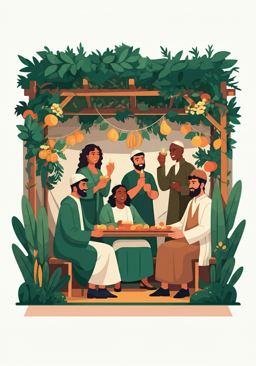 People sitting and standing around a table under a leafy pergola, enjoying drinks and fruit. They are dressed in a mix of traditional and modern clothing.