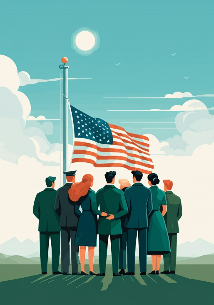 A group of people stand facing a waving American flag on a flagpole under a blue sky with clouds.