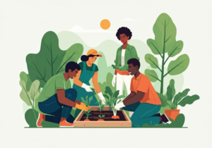 Four people gardening, tending to plants in a small garden plot, with greenery and a sunny sky in the background.