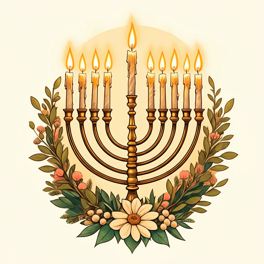 A lit menorah with nine candles is surrounded by floral decorations and greenery.