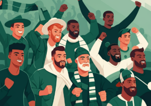 Illustration of diverse group of enthusiastic sports fans wearing green and white, cheering with raised fists in a crowded stadium.