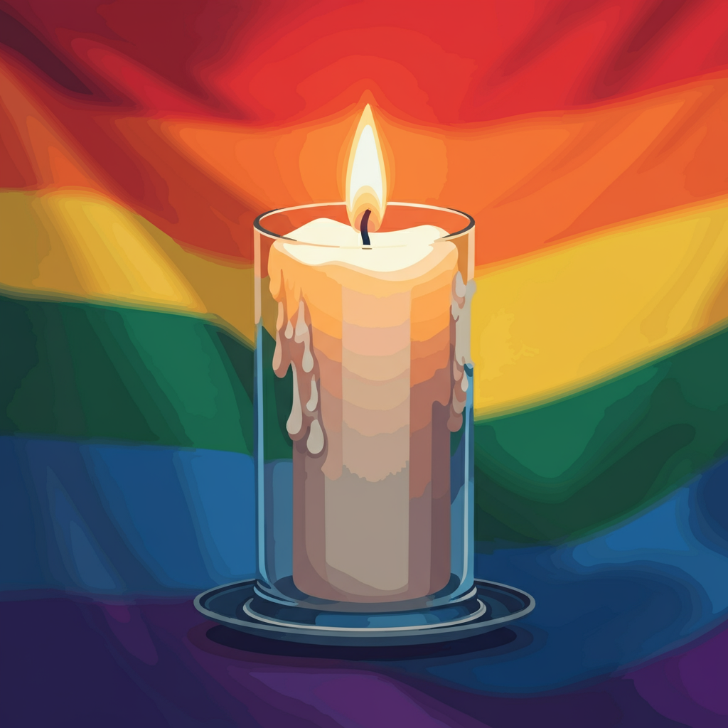 A lit candle in a glass holder stands in front of a rainbow flag background.