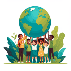 Illustration of six children standing in a garden, holding up a large globe together, symbolizing global unity and environmental awareness.