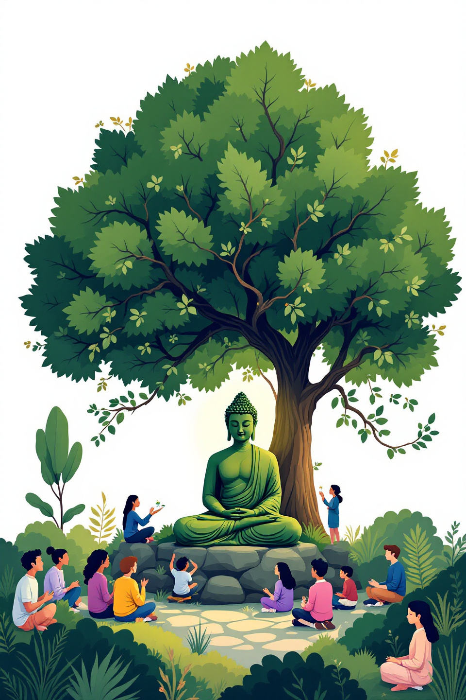 Illustration of a serene Buddha statue under a large tree. People of various ages sit on the ground in a circle, meditating and reading, surrounded by lush greenery.