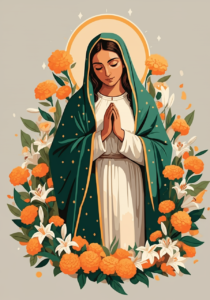 Illustration of a serene woman with folded hands, draped in a green cloak adorned with stars, surrounded by orange marigolds and white lilies.