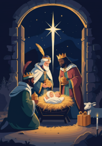 Illustration of three wise men offering gifts to a baby in a manger under a bright star, with an archway framing the scene.