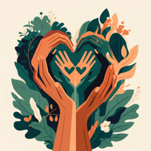 Illustrated hands in various skin tones form heart shapes, surrounded by leaves and flowers, symbolizing diversity and unity.