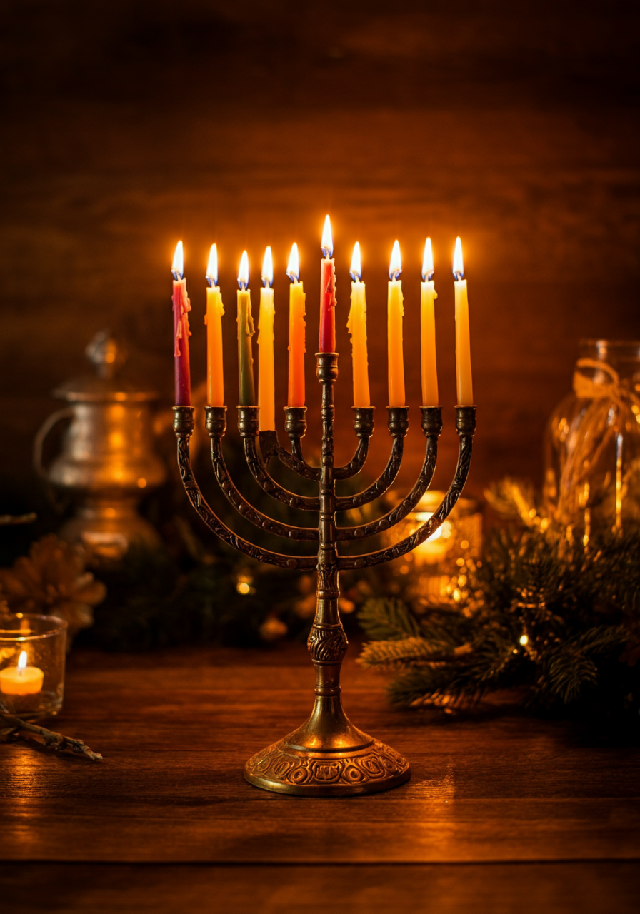 A lit menorah with nine candles on a wooden table, surrounded by festive decorations and soft lighting.