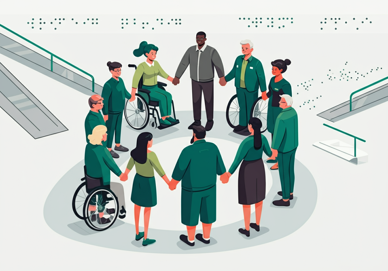 A diverse group of people, some in wheelchairs, holding hands in a circle on a white surface with braille markings.