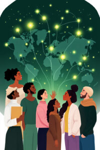 A diverse group of people look at a glowing map of the world with points connected by lines, symbolizing global connectivity and collaboration.