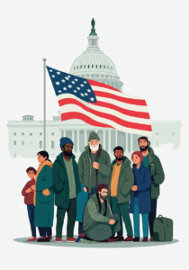 A group of diverse people in winter clothing stand in front of the U.S. Capitol building with an American flag.