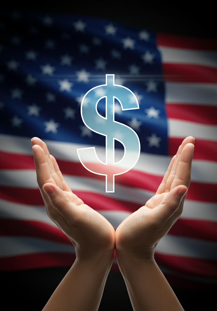 Hands cradling a transparent dollar sign with the United States flag in the background.