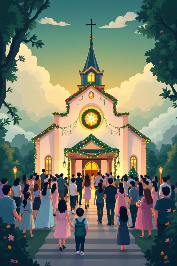 A large group of people, including children, walk towards a church decorated with lights and a wreath at sunset, surrounded by trees and clouds.