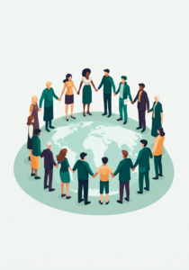 Illustration of diverse group of people holding hands in a circle, standing on a world map, symbolizing global unity and cooperation.