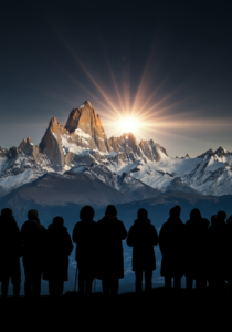 A group of people silhouetted against a mountain range, with the sun setting behind the peaks.