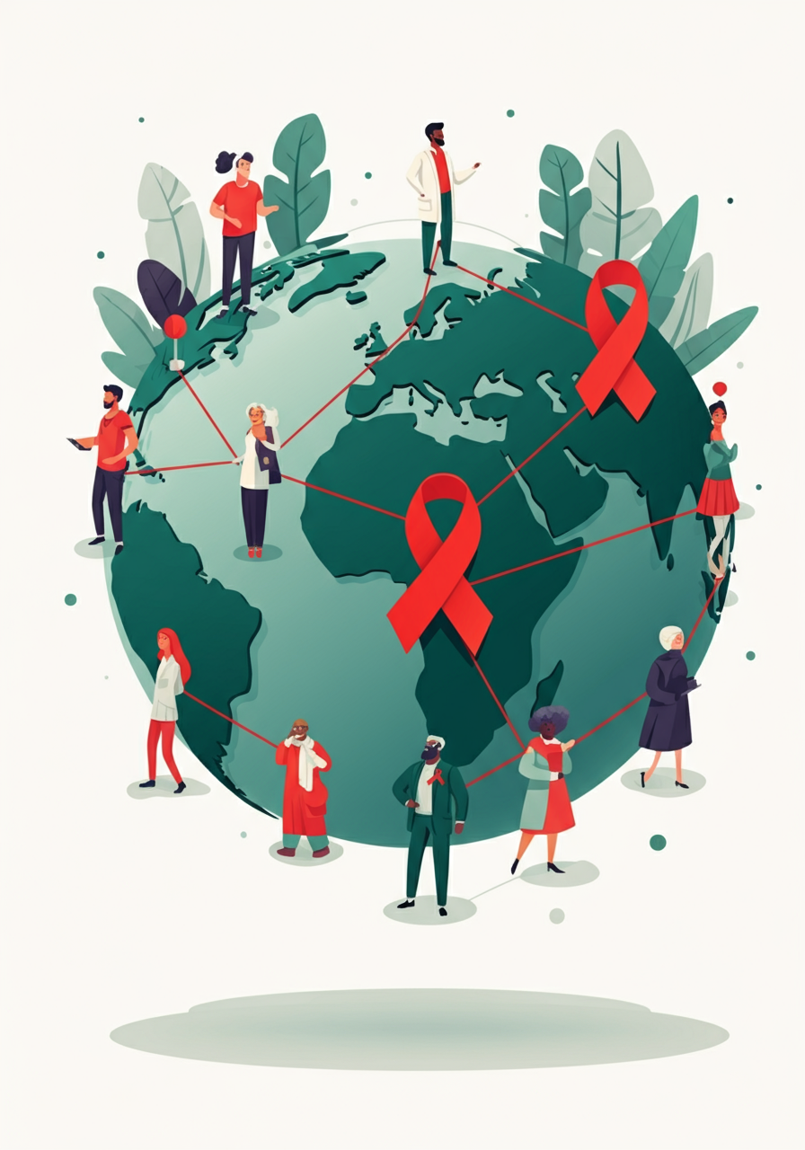 Illustration of people standing on a globe, connected by red ribbons. Red ribbons are in focus, symbolizing global unity or awareness.