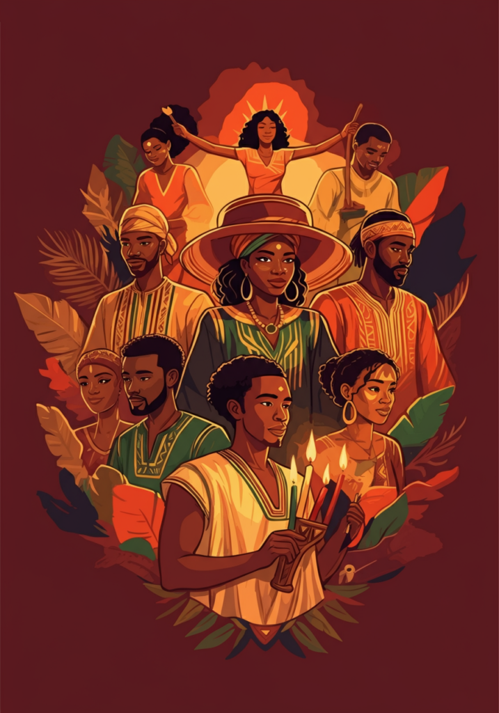 Illustrated diverse group of people in traditional attire, with vibrant colors and foliage in the background. One person holds candles.