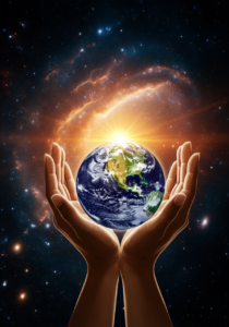 Two hands holding Earth with a glowing galaxy and stars in the background.