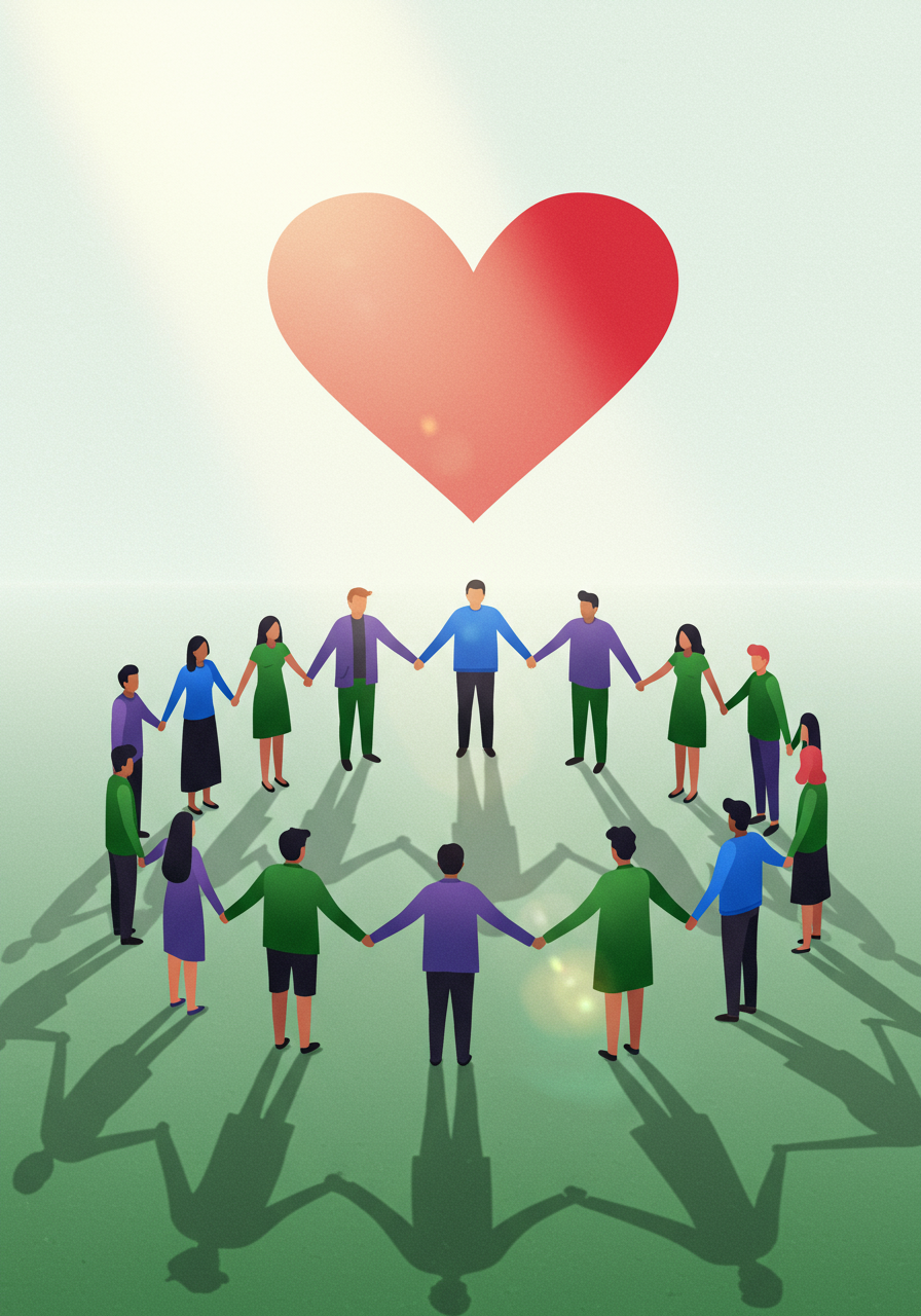 A diverse group of people hold hands in a circle under a large red heart symbol, casting shadows on the ground.