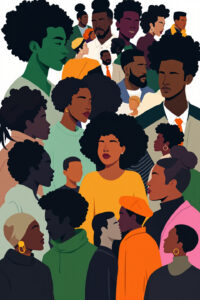 Illustrated group of diverse people with varied hair and clothing styles, some featuring bold colors and patterns, positioned against a neutral background.