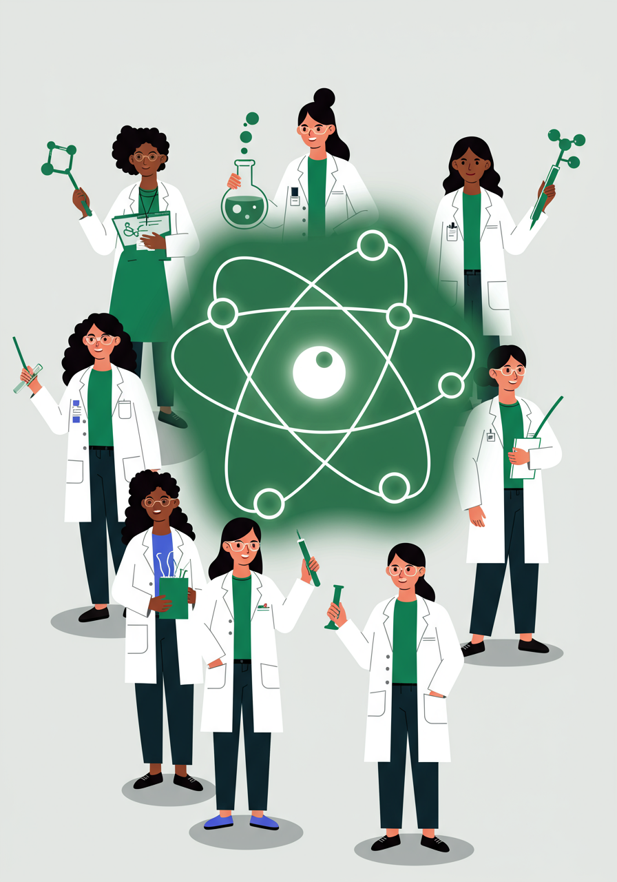 Nine scientists in lab coats stand around a glowing atom symbol, holding lab equipment like test tubes and beakers.