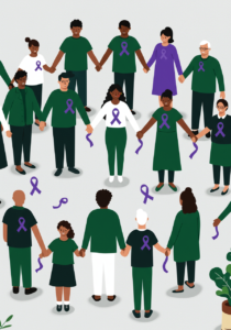 A diverse group of people wearing green and holding purple ribbons stand in a circle, symbolizing unity and support.