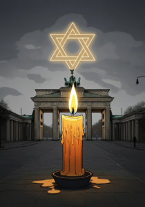 A lit candle sits in front of the Brandenburg Gate, with a glowing Star of David above. The sky is overcast.