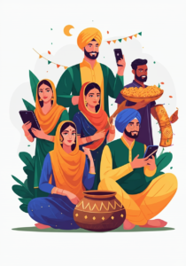 Illustration of six people in traditional Indian attire, using phones and holding food. They are surrounded by decorative plants and festive elements.