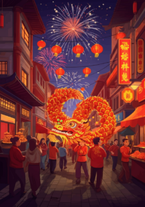 A vibrant street scene with a dragon dance, red lanterns, and fireworks illuminating the night sky, surrounded by people celebrating in a traditional Asian setting.