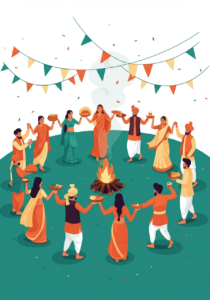 Illustration of people in traditional attire dancing in a circle around a fire, holding hands and offering food, with decorative flags above them.