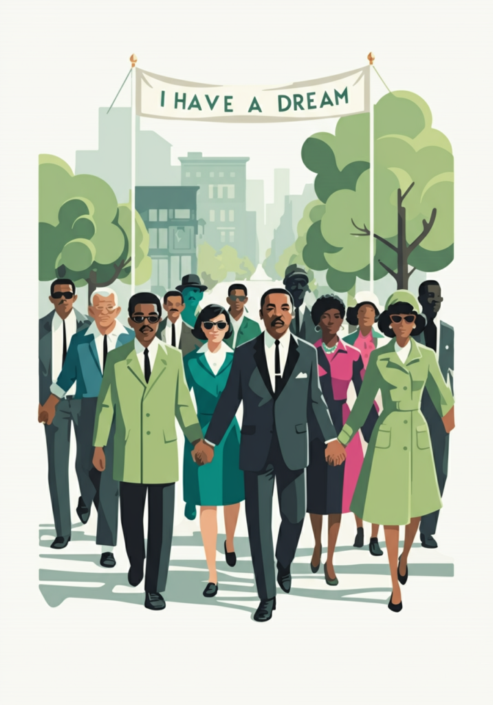 Illustration of a diverse group of people marching peacefully with a banner reading "I Have a Dream," set in a city park.