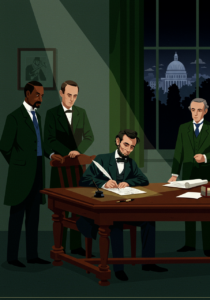 An illustration of a historical scene with four men in suits; one is seated at a desk writing with a quill, while three others stand around. A view of a dome building is visible through a window.