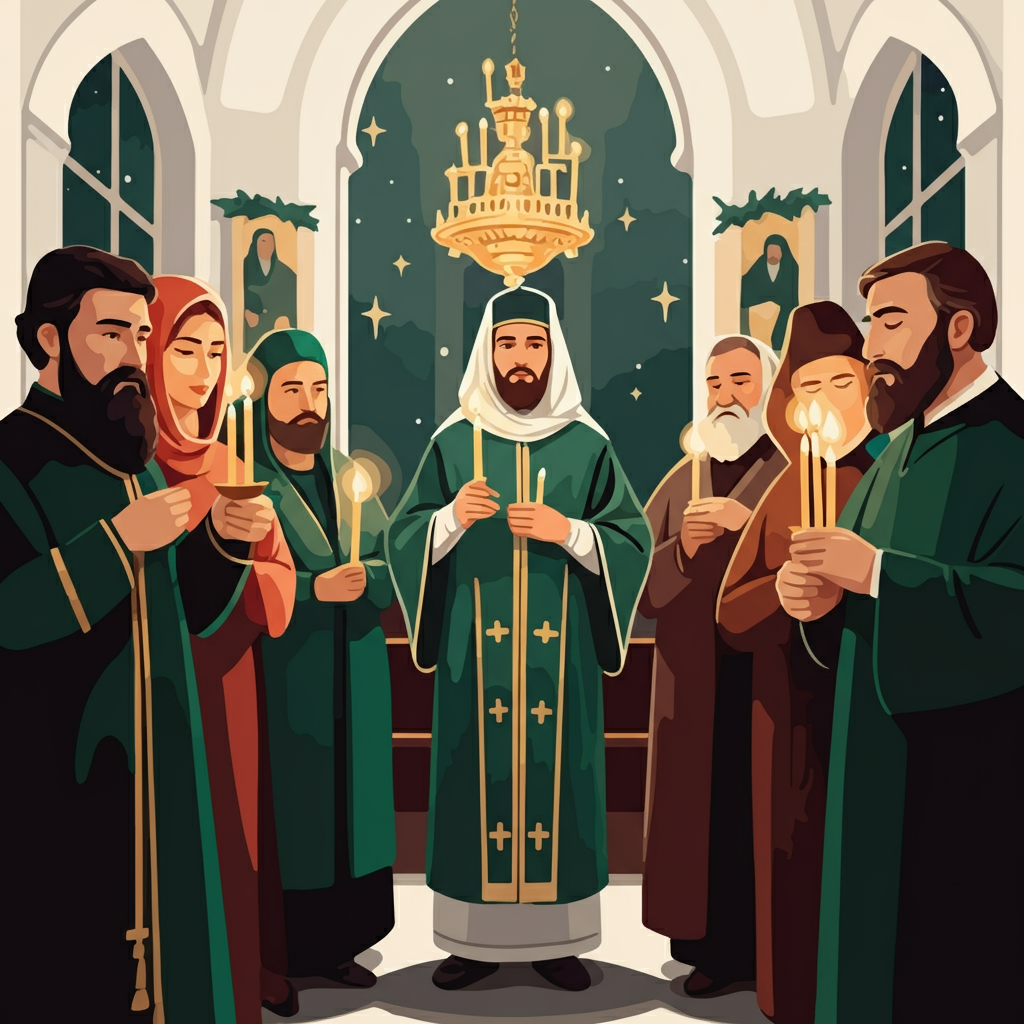 A group of people in green robes stand in a church holding lit candles, with a chandelier above and a starry night visible through arched windows.