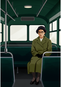 An illustration of a woman wearing a coat and hat, sitting alone on a green bus seat. The bus interior is empty, with windows and metal railings.