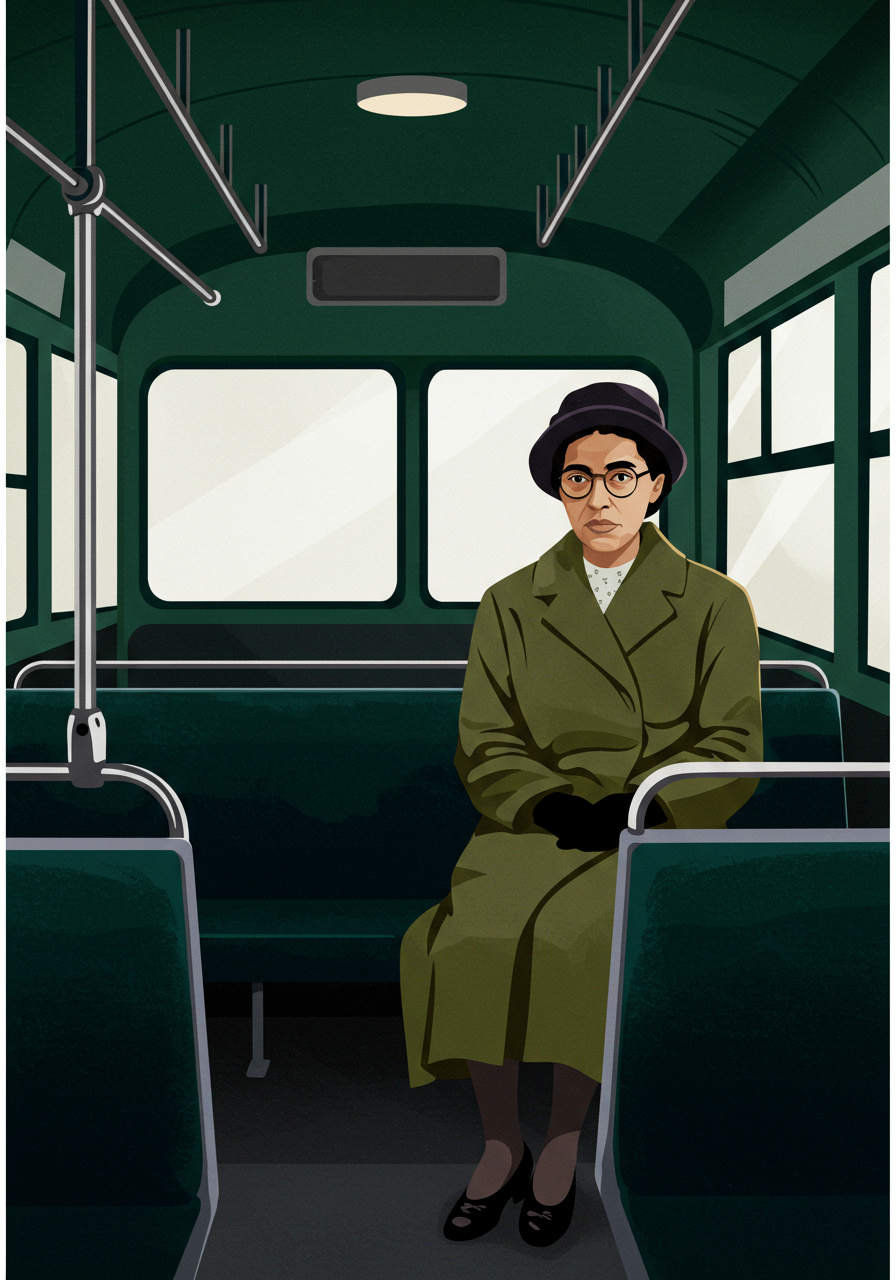 An illustration of a woman wearing a coat and hat, sitting alone on a green bus seat. The bus interior is empty, with windows and metal railings.