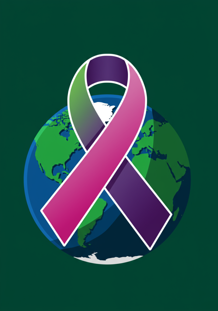 A stylized earth illustration with a gradient ribbon in pink, purple, and green colors overlaid, symbolizing global awareness.