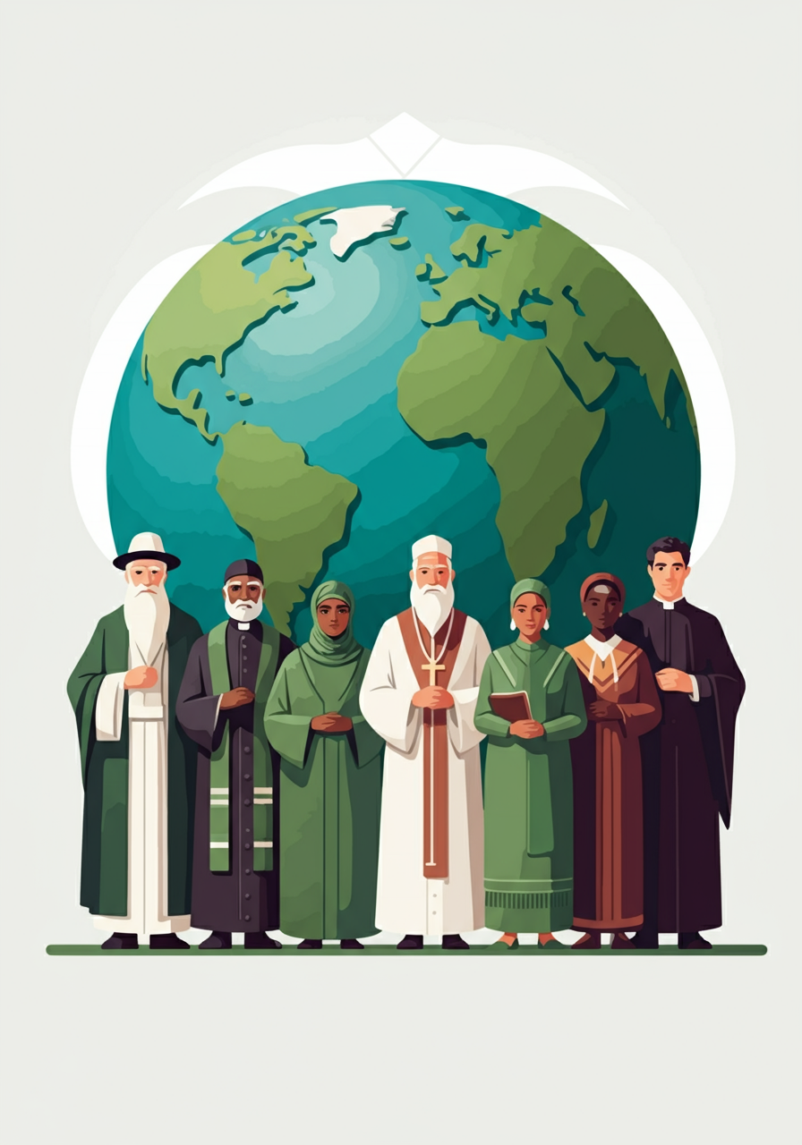 A diverse group of religious leaders standing together, with a globe in the background.