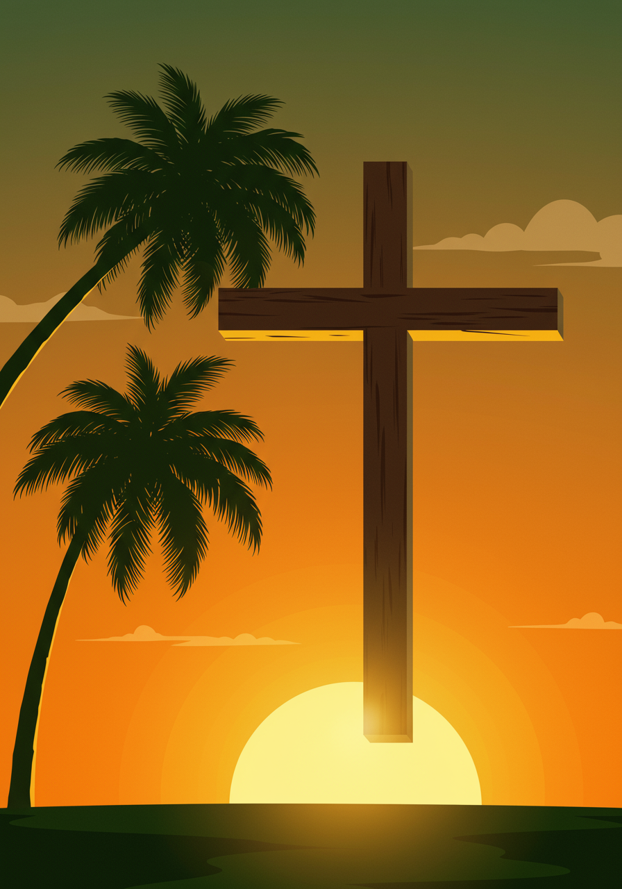 Wooden cross silhouetted against a sunset backdrop with palm trees on either side.