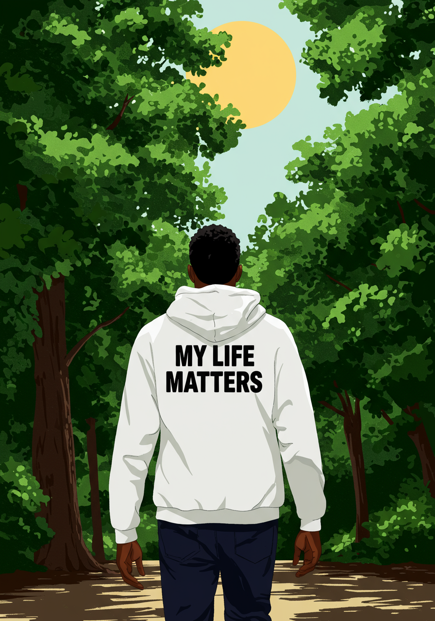 Person walking down a tree-lined path wearing a white hoodie with "MY LIFE MATTERS" printed on the back. Sun visible in the sky.