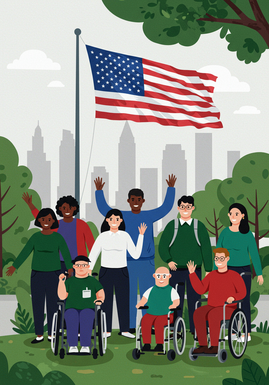 A diverse group of people, including individuals in wheelchairs, stand and wave in front of an American flag, with a city skyline in the background.