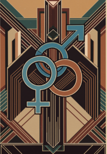 Art deco graphic featuring male and female gender symbols intertwined over a geometric background with earthy tones.