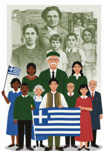 A diverse group of people of various ages and attire hold Greek flags, standing in front of a large, faded black-and-white family photograph.