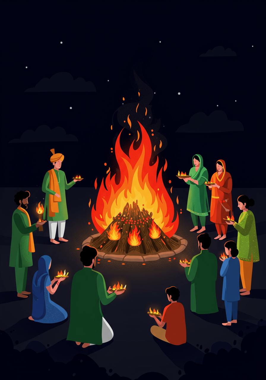 A group of people in traditional clothing hold lamps in a circle around a large bonfire at night, under a starry sky.